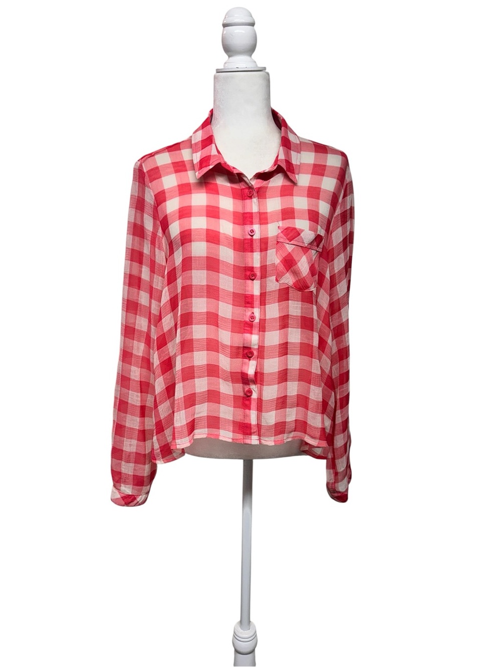Free People Red & White Gingham Sheer Button Down Blouse Women's Size Med  Boho